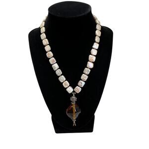 Baroque Pearl Statement Necklace Cream Pearls Brown Pendant Costume Jewelry